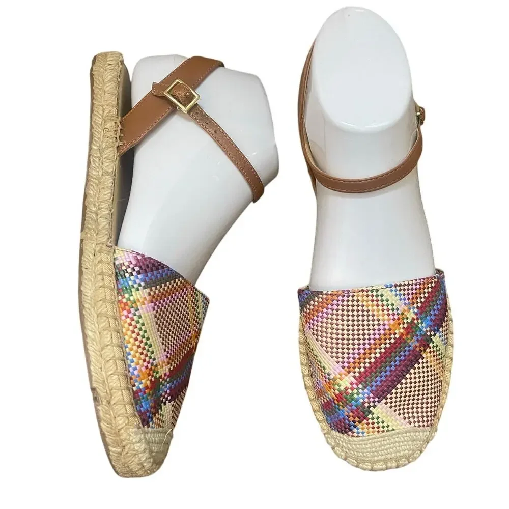 Talbots Espadrilles 7 1/2 IZZY D'ORSAY Closed Toe Ankle Strap Woven Madras Flats